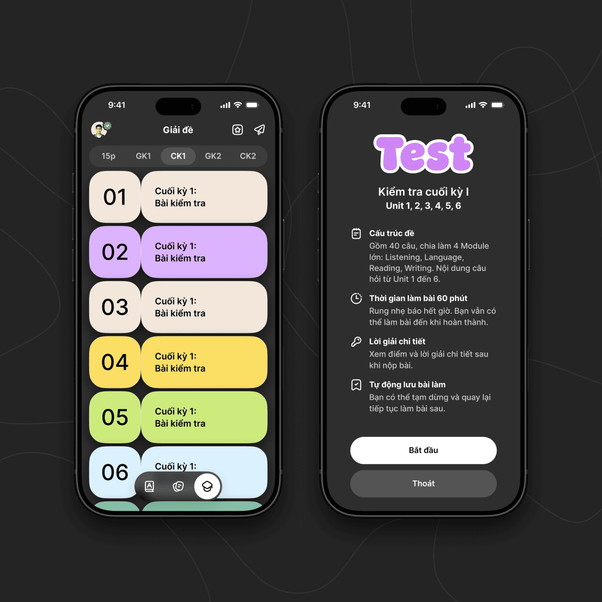 Hai màn hình Giải đề của app Ecandy: danh sách đề và phần giới thiệu trước khi làm bài