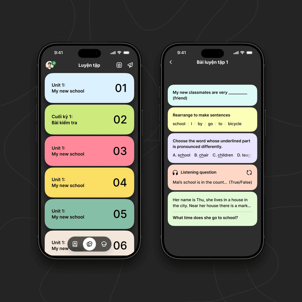 Hai màn hình Luyện tập của app Ecandy: danh sách bài và các câu hỏi trong một bài