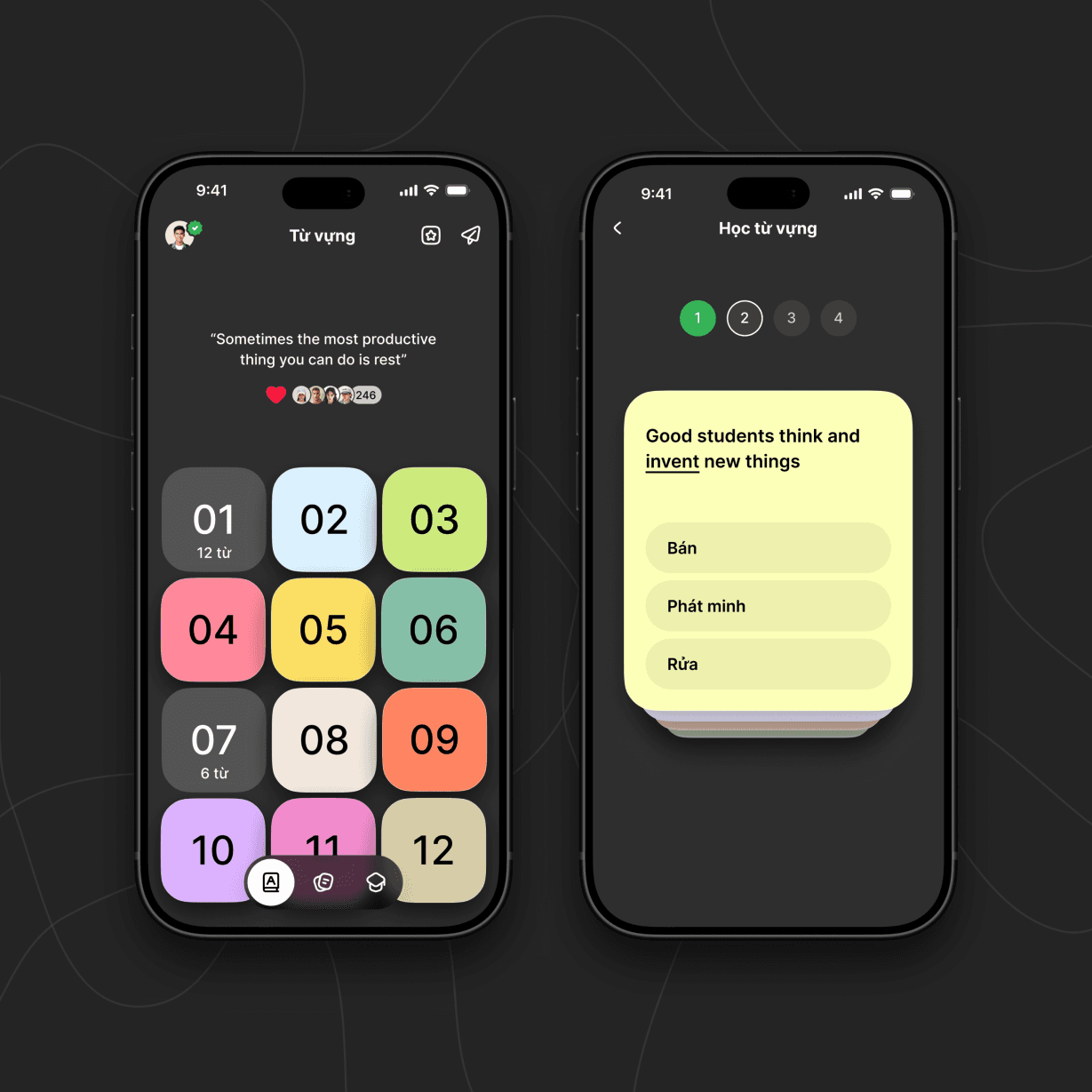 Hai màn hình Từ vựng của app Ecandy: danh sách bộ từ và một thẻ học từ
